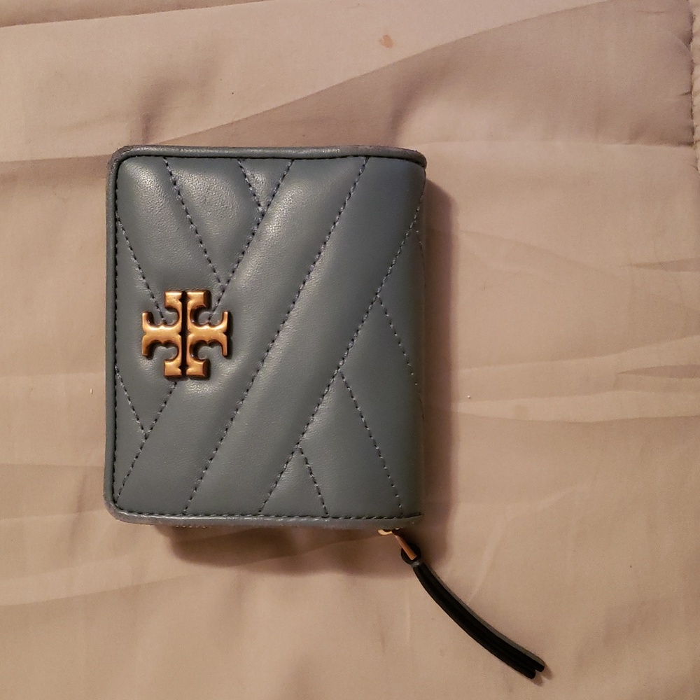 Tory Burch Kira Chevron Bi-Fold Wallet Color Rainwater (Grayish-Blue)